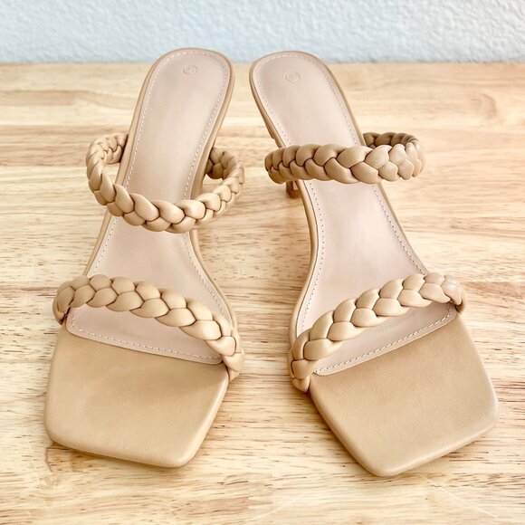 Women's 8.5 Nude Tan Beige Vegan Leather Braided Strappy Square Toe Sandal Heels - Picture 5 of 8
